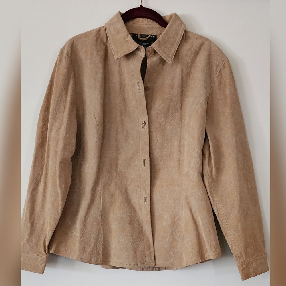 August Silk Beige Floral Embroidered Suede Jacket vintage suede collared button